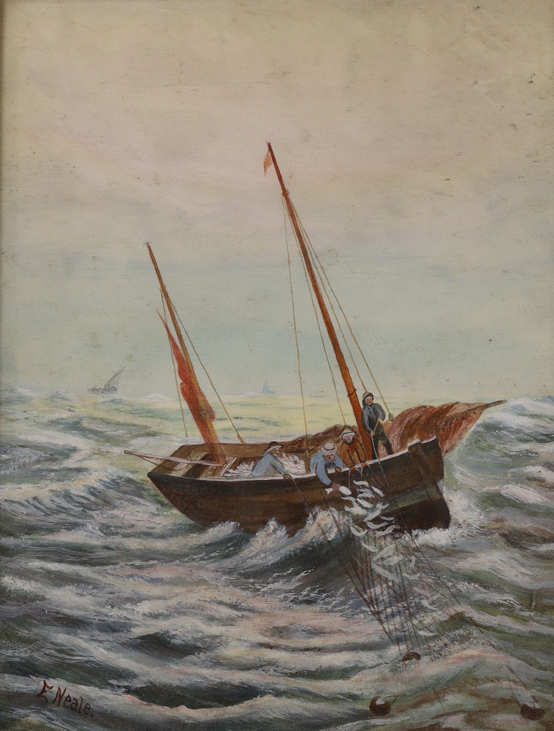 E. Neale, watercolour, Fishermen hauling in the nets, signed, 28 x 22cm